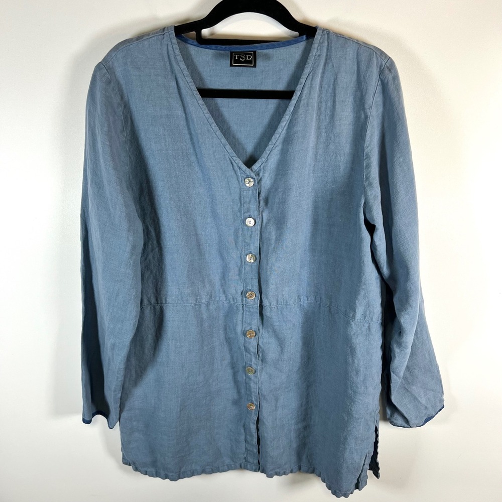 TSD Women's Blue Linen‎ Blend V-Neck Button Front Tunic Top Size L